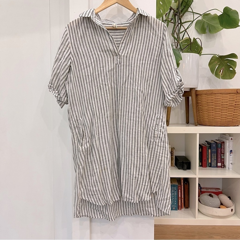 Elan Blue and White striped collared neck linen dress